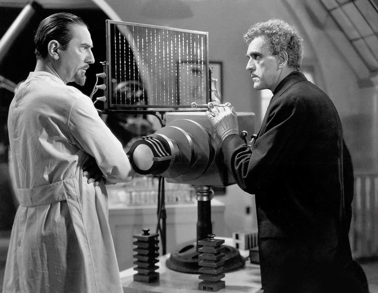 Scientists Bela Lugosi and Boris Karloff in The Invisible Ray (1936)