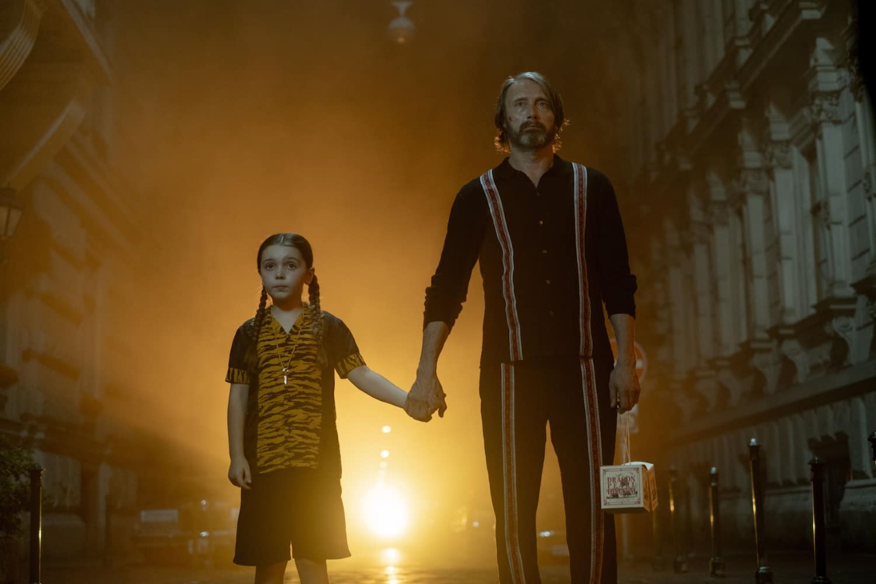 Sophie Sloan and Mads Mikkelsen in Dust Bunny (2025)