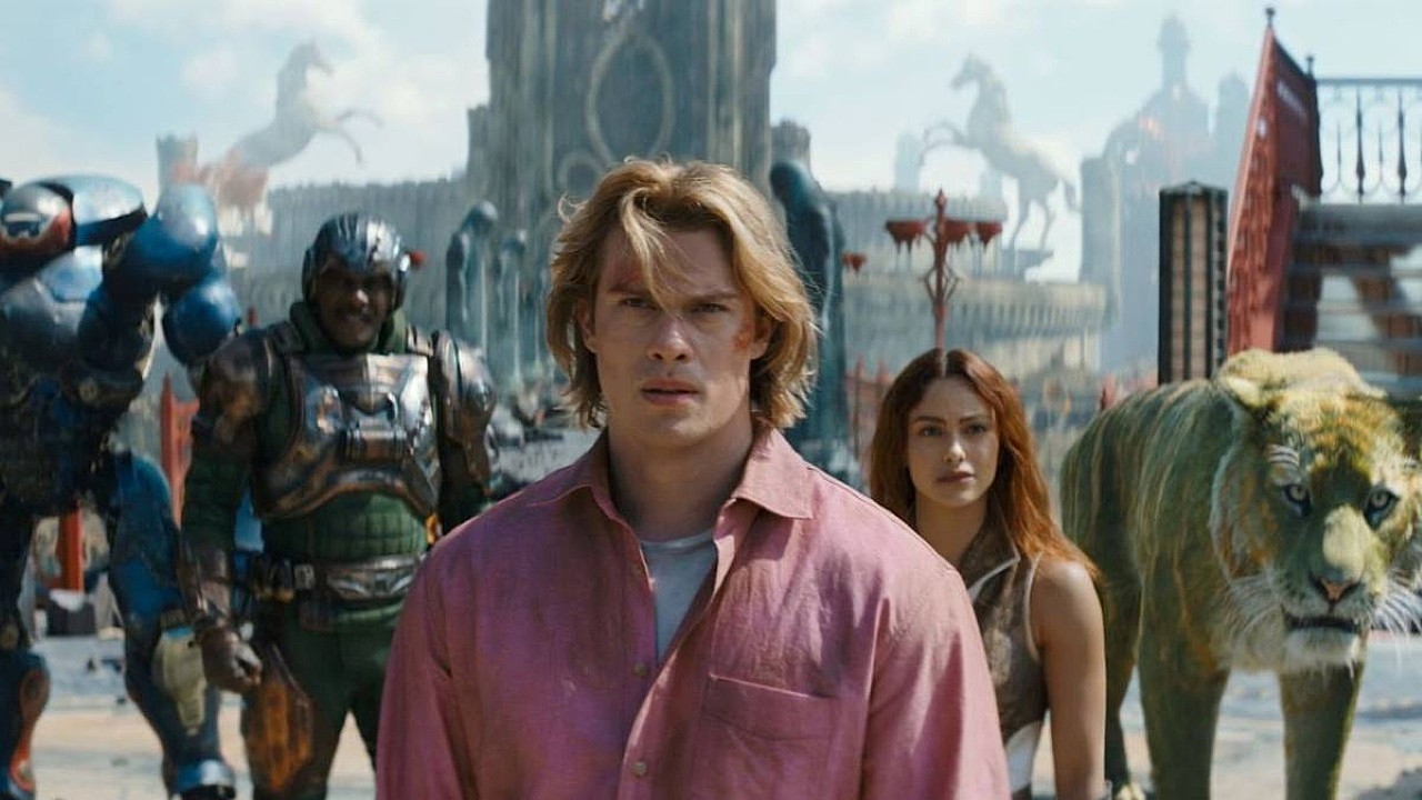 Prince Adam (Nicholas Galitzine), Roboto, Man-at-Arms (Idris Elba), Teela (Camila Mendes) and Cringer the Battle Cat in Masters of the Universe (2026)